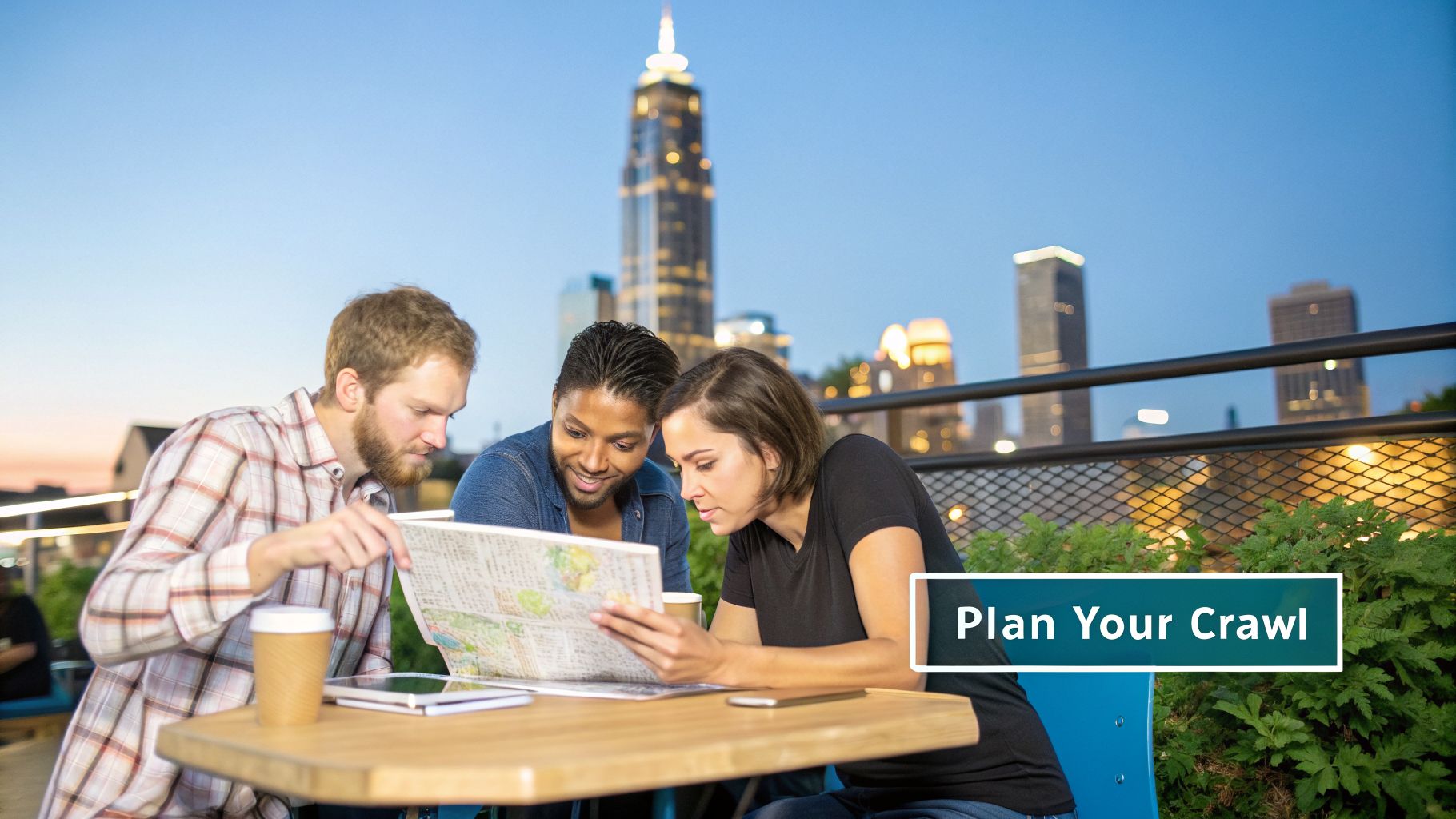 Your Ultimate Guide to Bar Hopping in Atlanta 1 Three friends plan their night out on a rooftop bar, looking at a map with a city skyline at dusk.