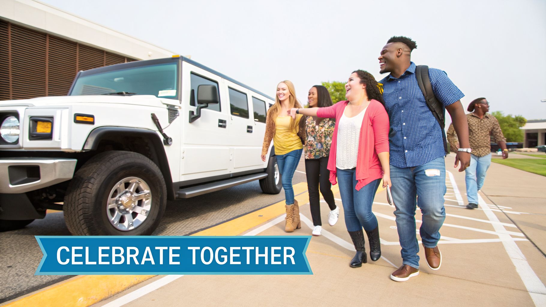 Diverse young adults laugh and walk beside a white Hummer party bus, celebrating together.