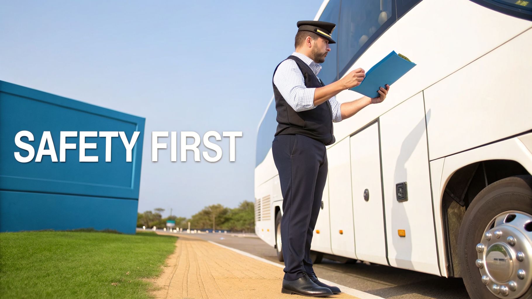 A bus driver in uniform stands next to a white bus, holding a blue folder, with 'SAFETY FIRST' sign.