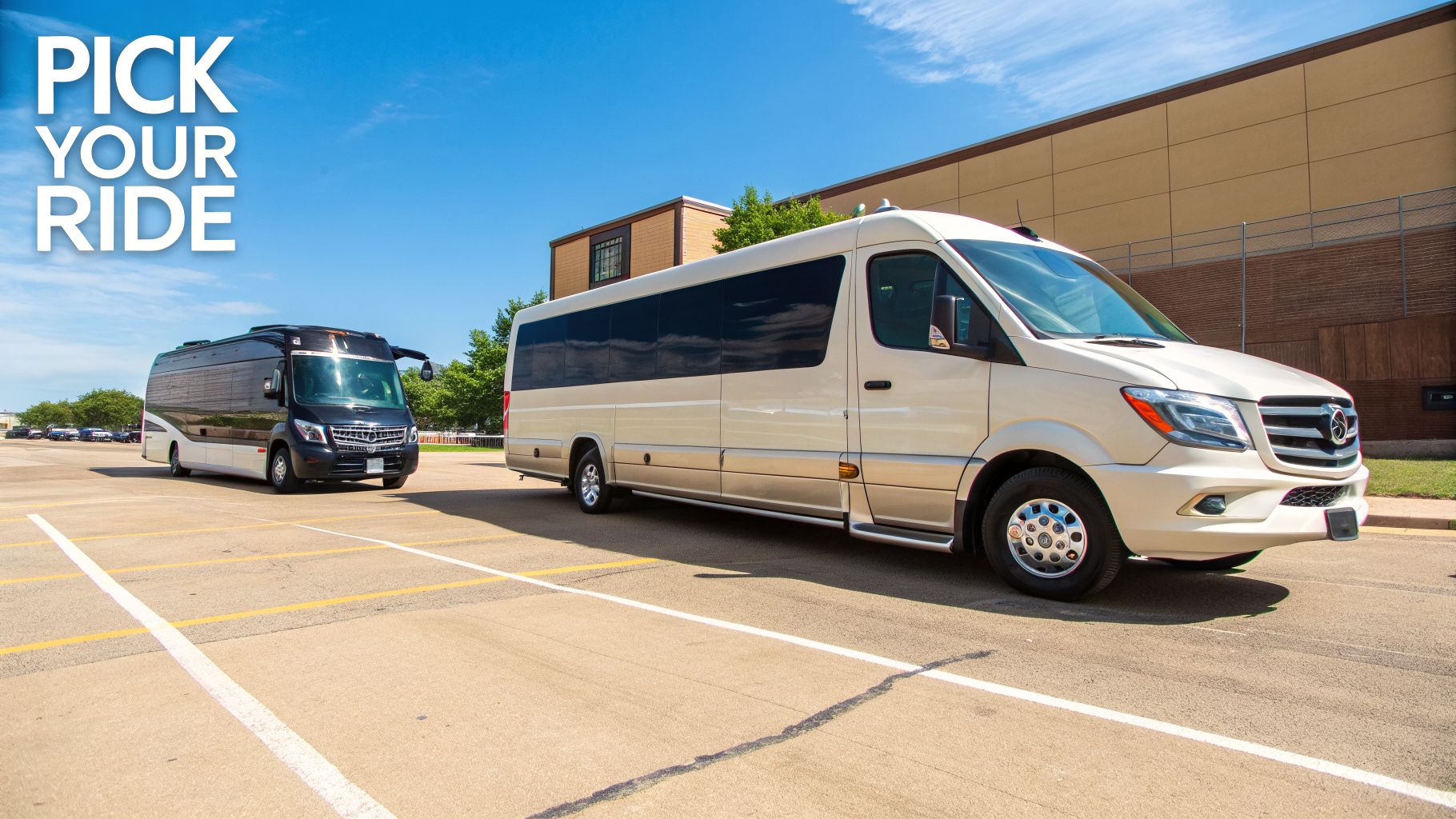 Two luxurious party buses, one black and one cream, parked in a lot on a sunny day.