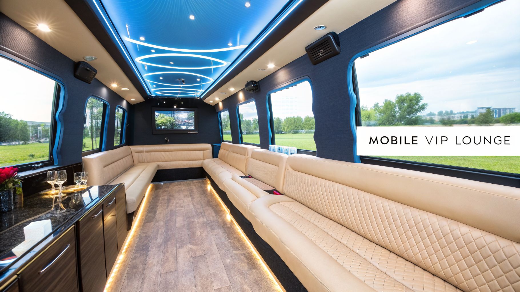 Spacious mobile VIP lounge bus interior featuring comfortable seating, a wet bar, and ambient lighting.