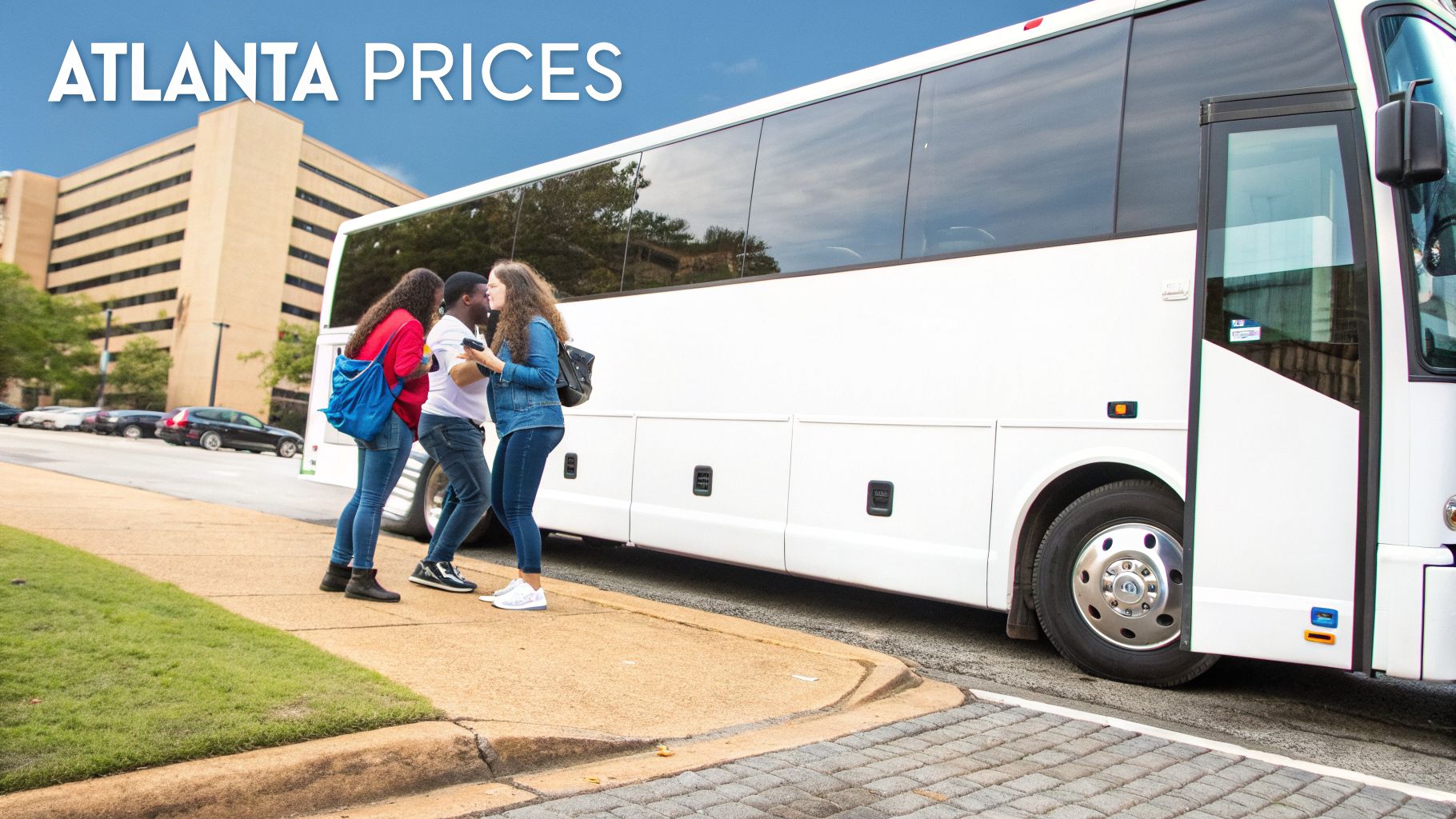 Three young people stand next to a large white charter bus, with 'ATLANTA PRICES' text in the sky.