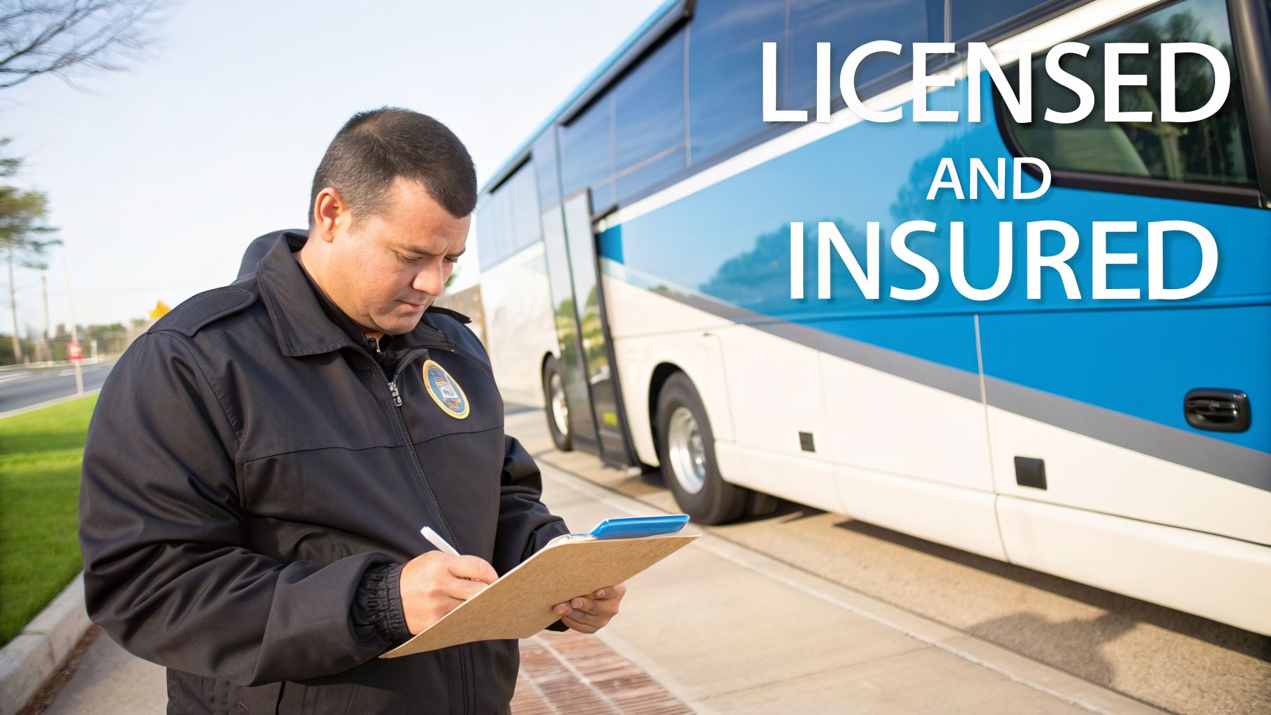 Your Guide to a Bus Party for Rent in Atlanta 4 A man in a dark uniform writes on a clipboard next to a large white and blue passenger bus, with “LICENSED AND INSURED” text overlay.