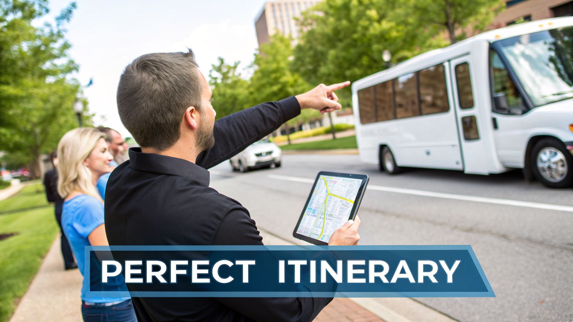 Your Guide to a Bus Party for Rent in Atlanta 3 A man holds a tablet with a map, pointing towards a white tour bus, with people watching.