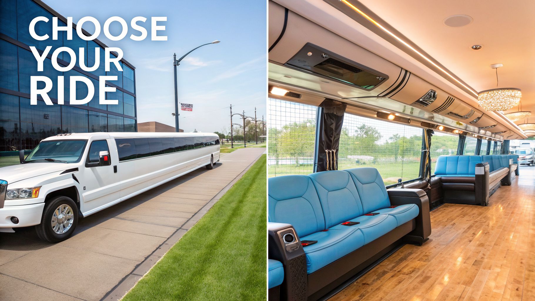 Your Guide to a Bus Party for Rent in Atlanta 2 A split image showing a white stretch limousine outside and the luxurious interior of a party bus with blue seating.