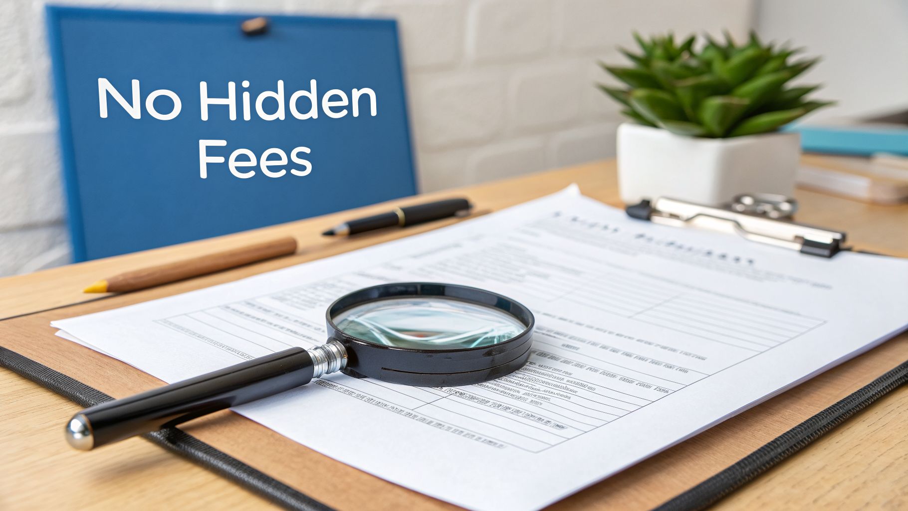 A desk with a blue clipboard displaying 'No Hidden Fees', a magnifying glass on a document, and a plant.