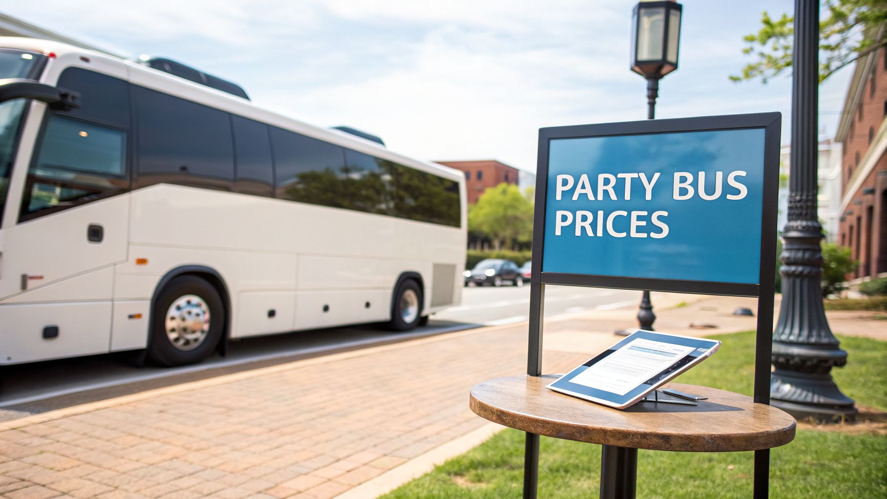 Fast Guide to party bus prices atlanta ga: Real Costs & Savings 1 A white party bus parked on a street, with a 'Party Bus Prices' sign and tablet in the foreground.