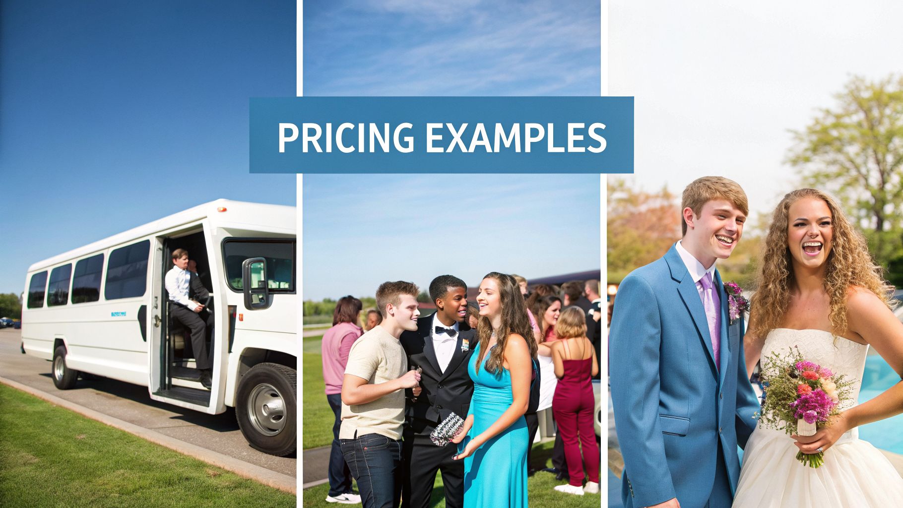 Three panels illustrate pricing examples for party bus rentals, showing a bus, prom-goers, and a wedding couple.