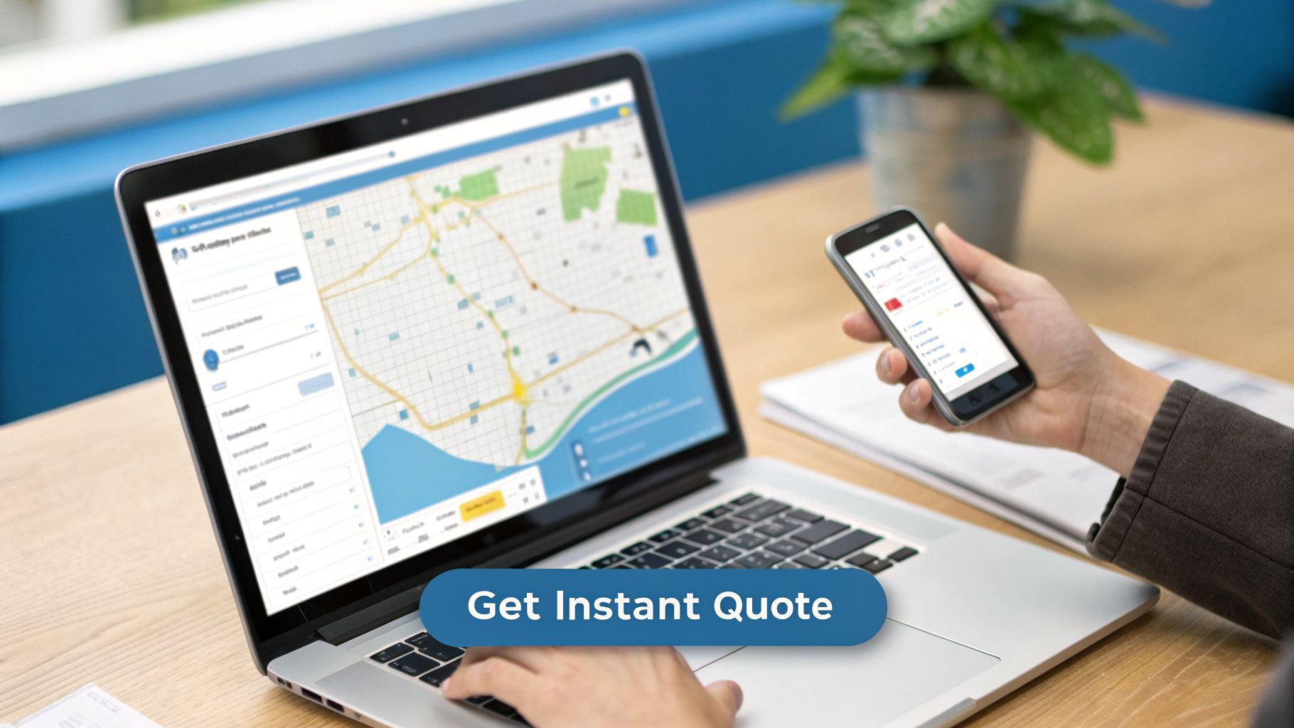 Fast Guide to party bus prices atlanta ga: Real Costs & Savings 3 A person uses a laptop displaying a map interface while holding a smartphone, suggesting route planning.