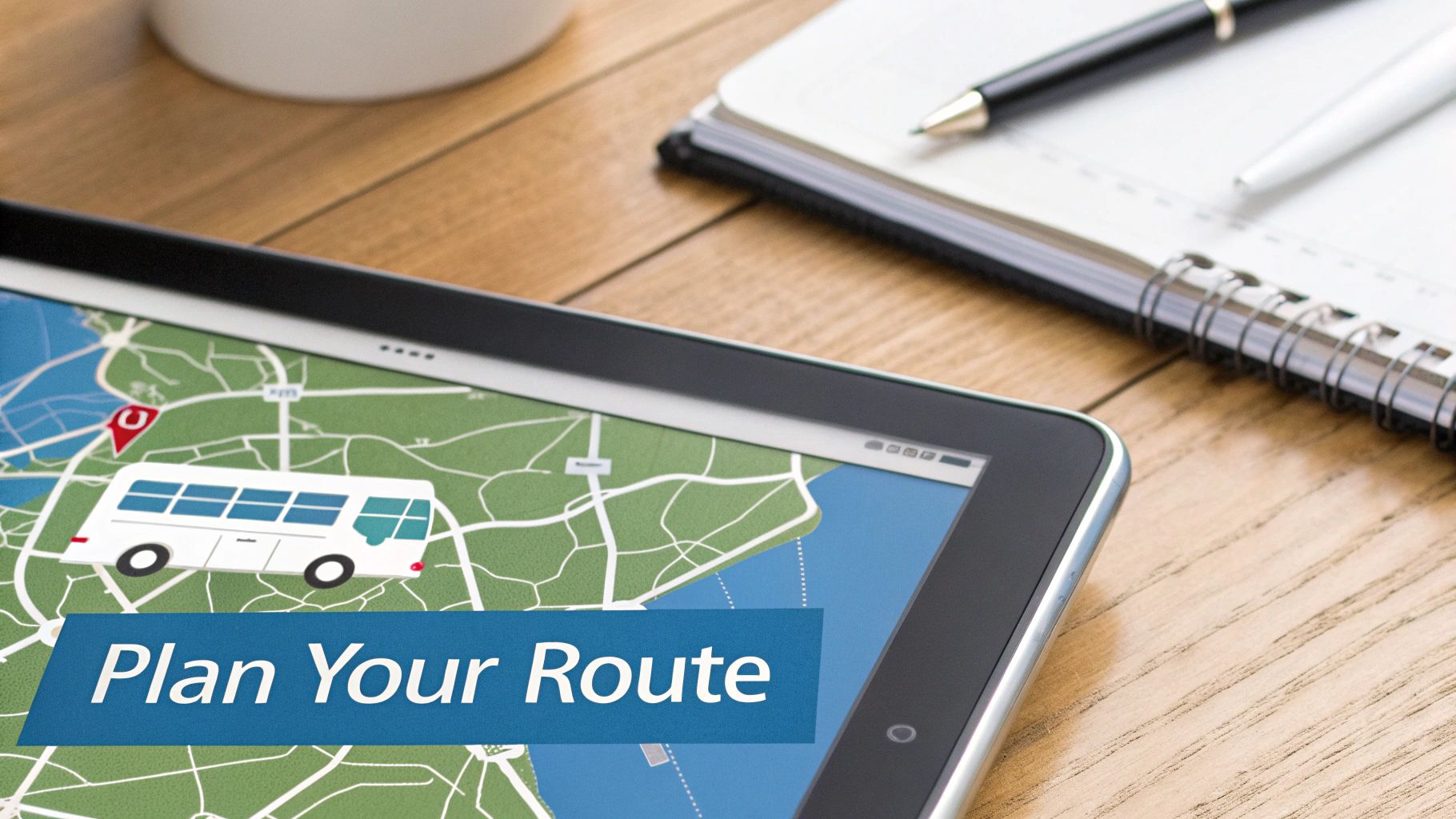 A tablet displays a digital map with a bus icon and 'Plan Your Route' text on a wooden table.