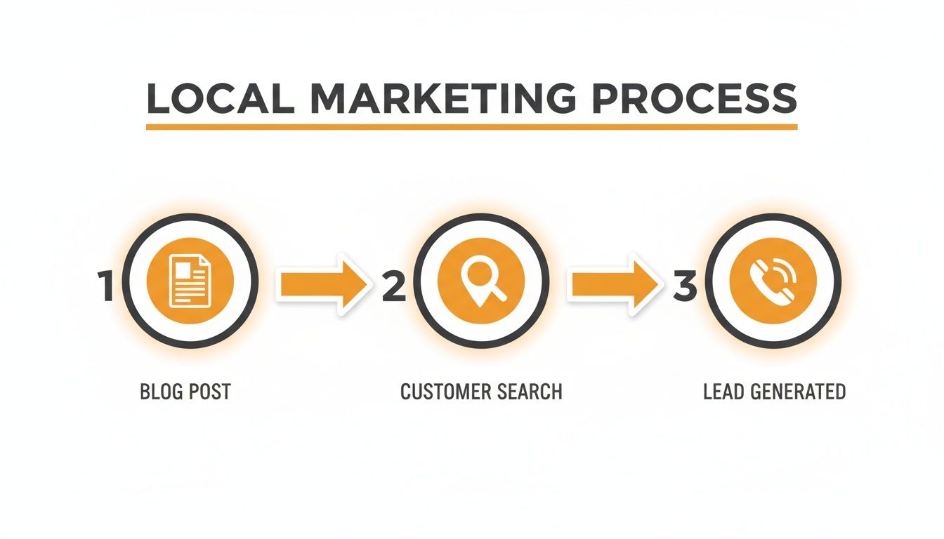 An infographic illustrating a three-step local marketing process: blog post, customer search, and lead generated.