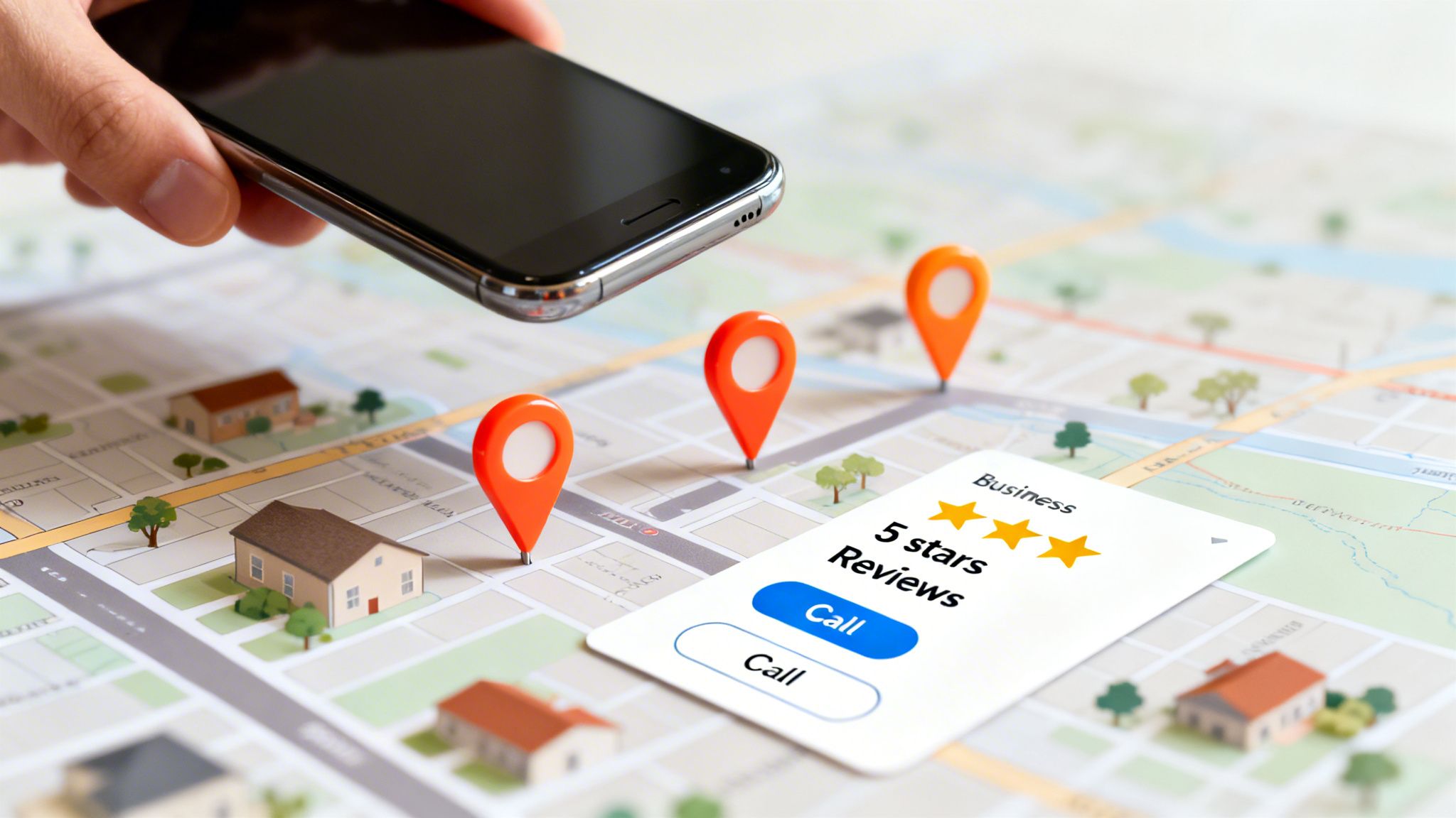 Smartphone interacting with a map showing local businesses, 5-star reviews, and call options.