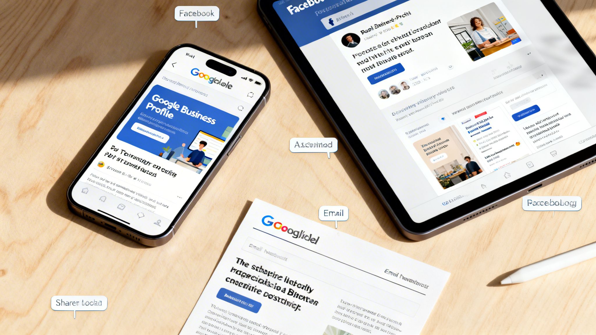 A phone, tablet, and email newsletter on a wooden surface, showcasing various digital marketing tools.