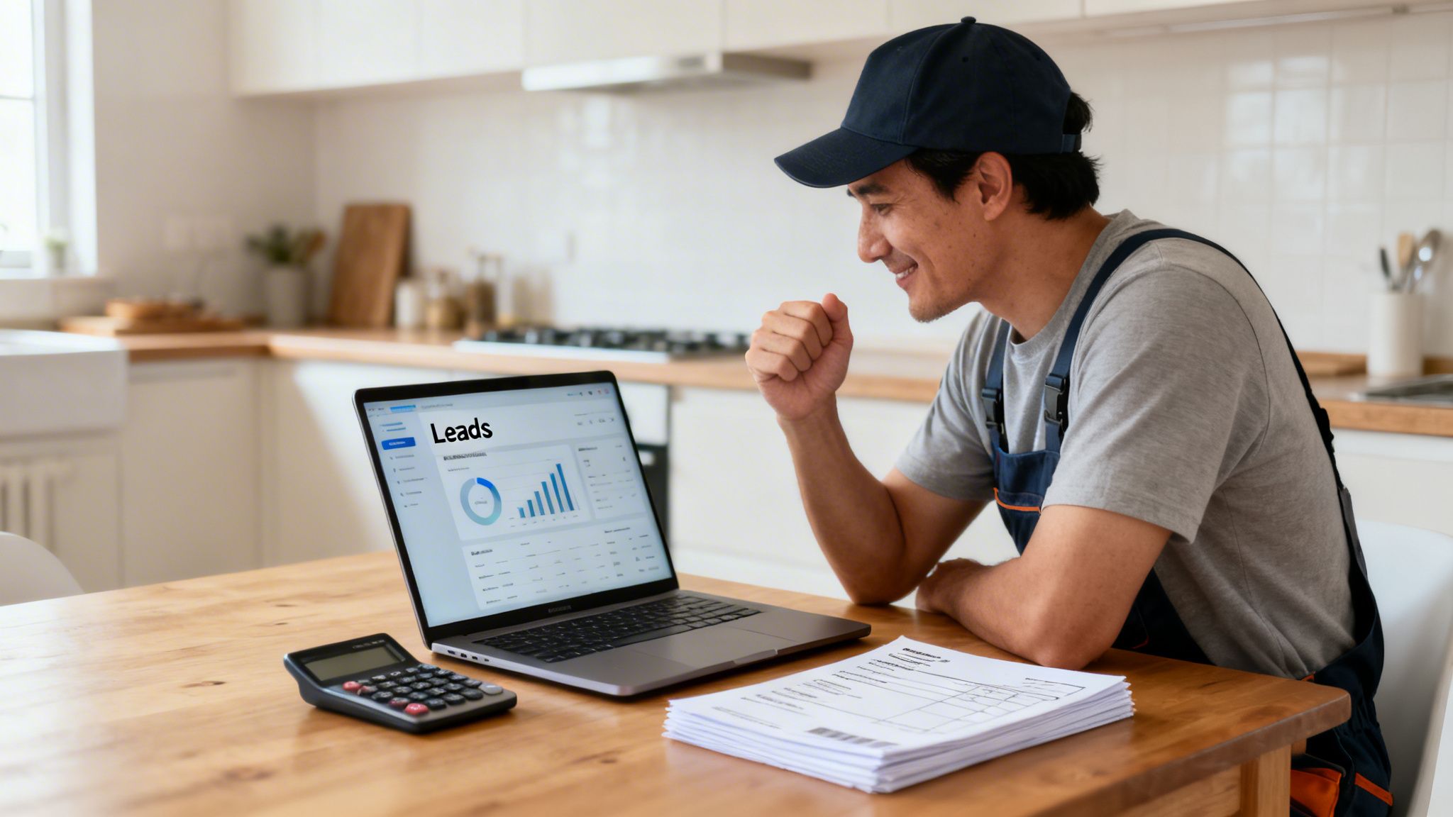 A smiling tradesman reviews a 'Leads' dashboard on his laptop in a modern kitchen.