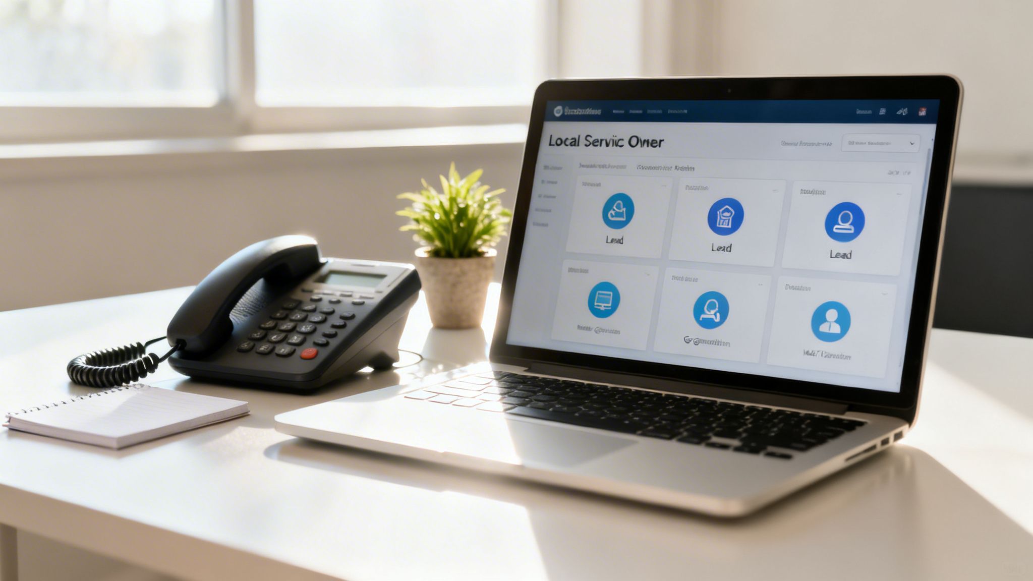 A modern workspace with a laptop displaying a business dashboard, a phone, and a plant.