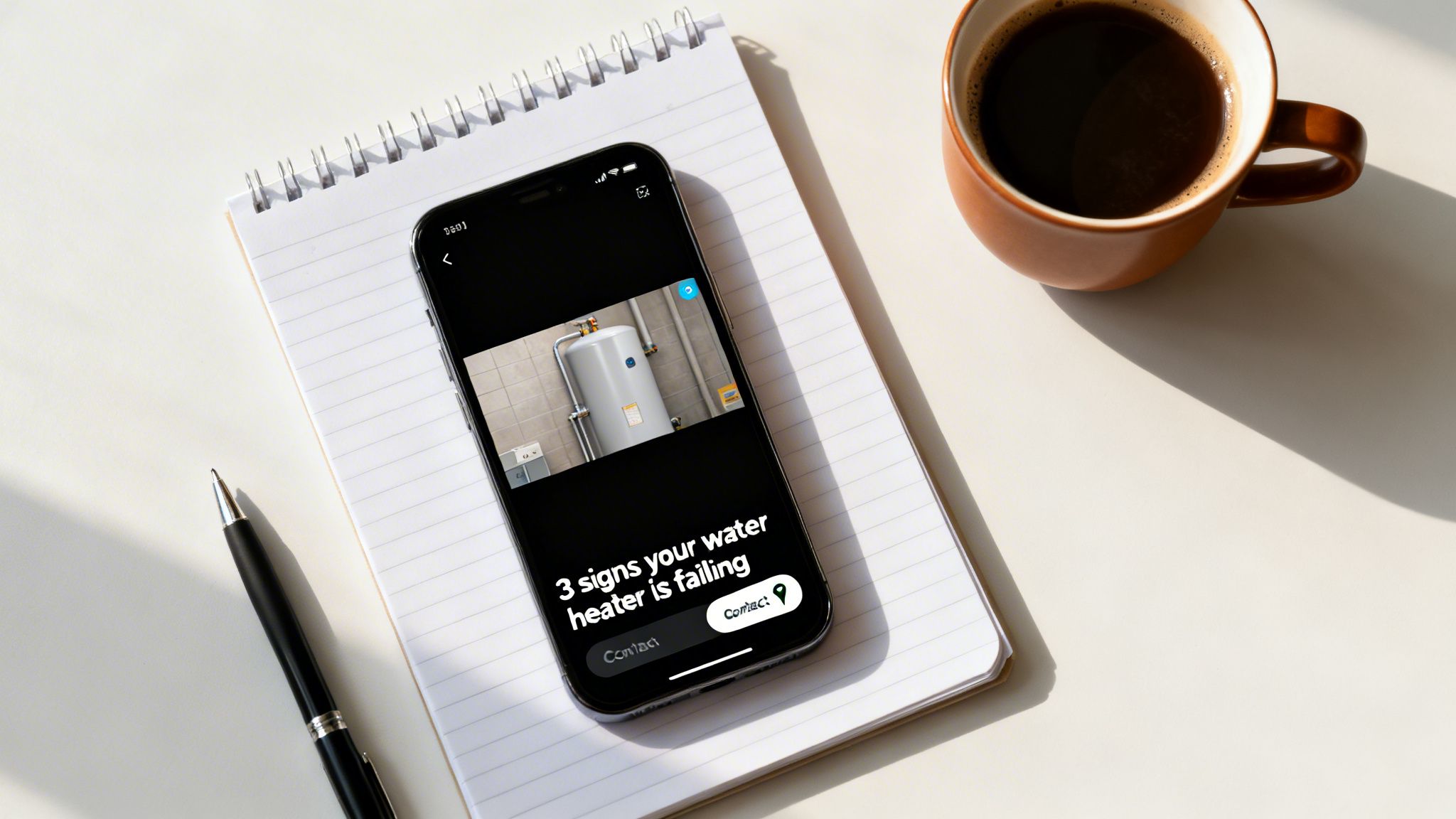 Overhead shot of an iPhone on a notepad, displaying an article about water heater issues, next to a pen and coffee.