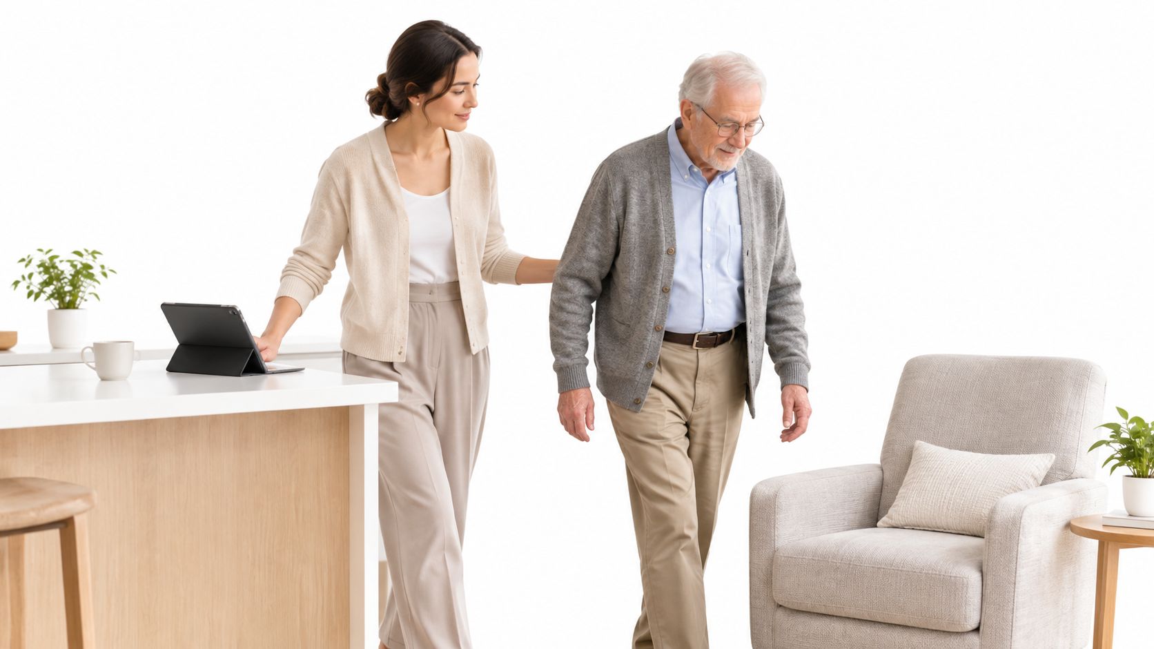 Une aide à domicile accompagne un homme âgé qui marche vers un fauteuil dans un salon moderne.