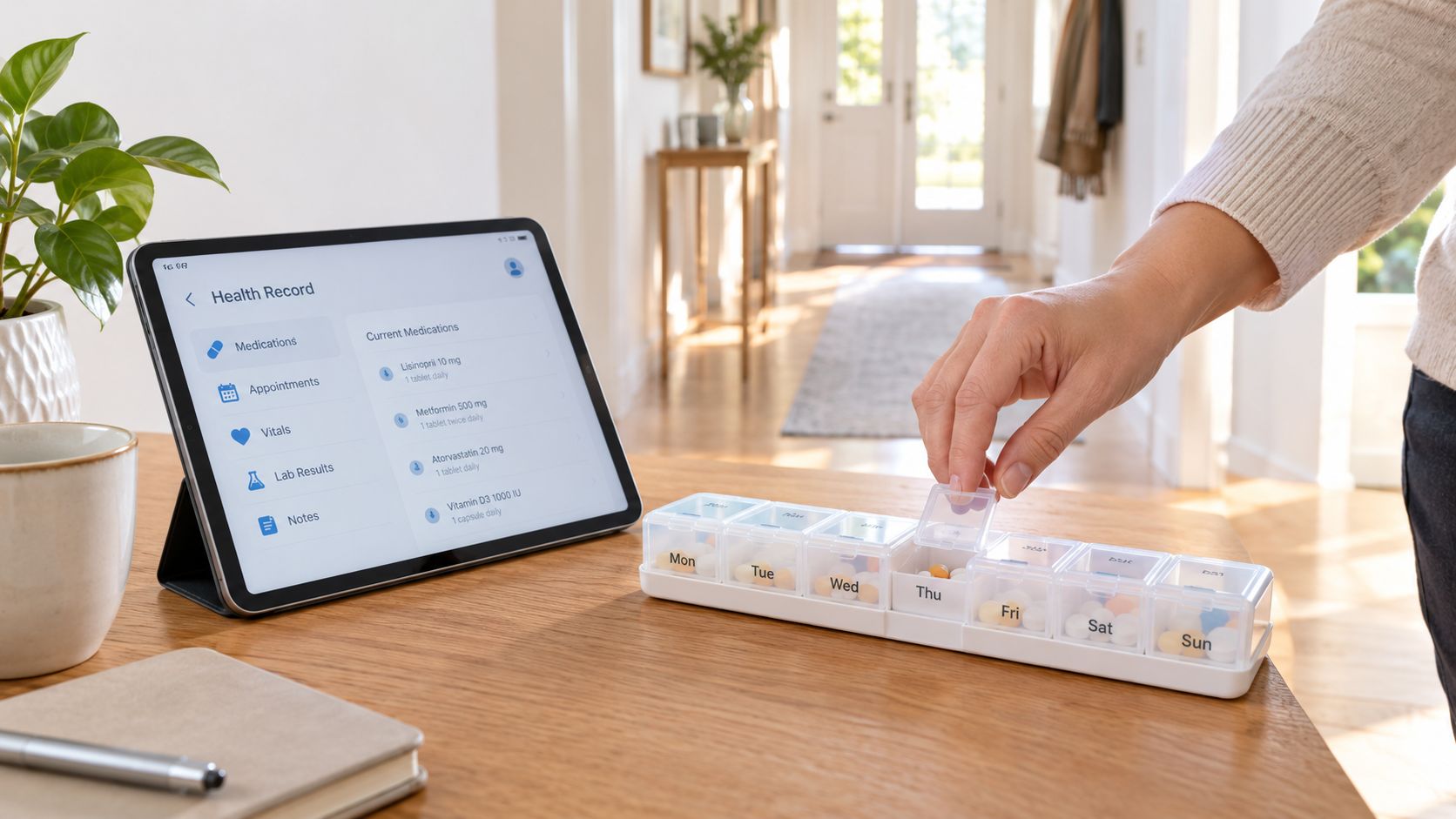 Une personne organise ses médicaments dans un pilulier hebdomadaire à côté d'une tablette affichant un dossier médical.