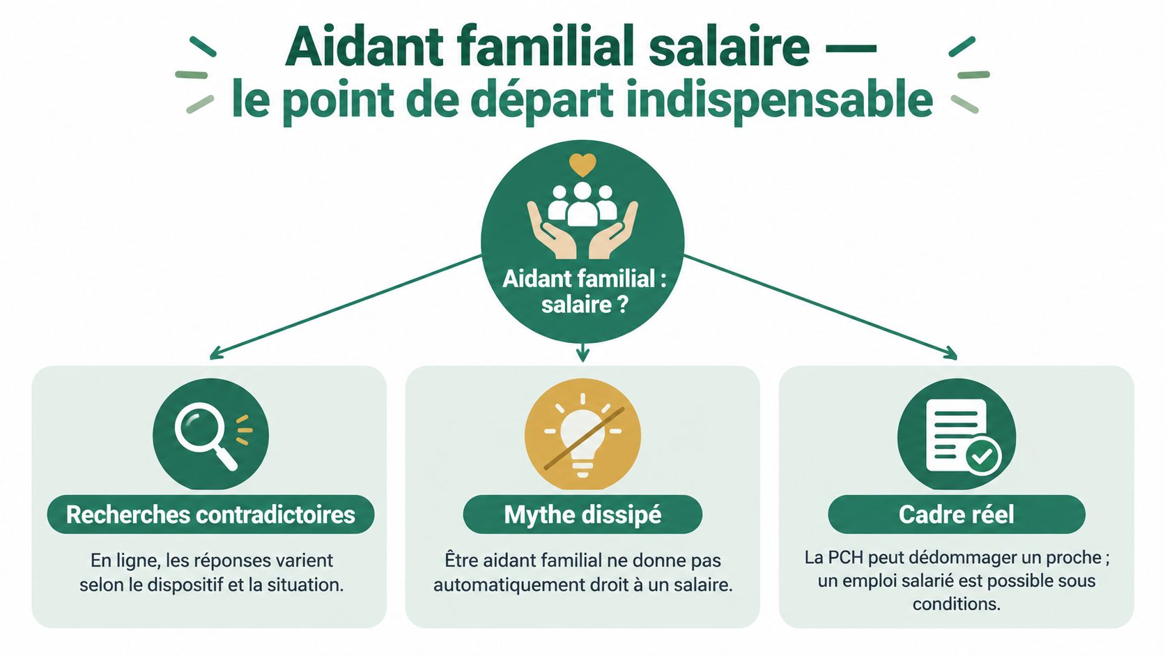 Infographie expliquant que le statut d'aidant familial ne garantit pas automatiquement un salaire régulier.