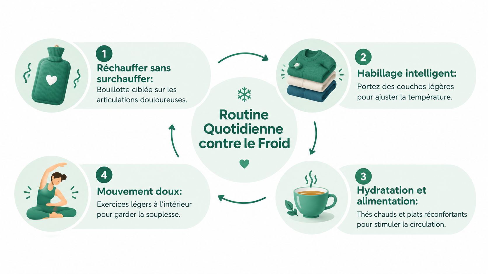 Une infographie montrant quatre conseils quotidiens pour soulager les douleurs articulaires dues au froid en hiver.