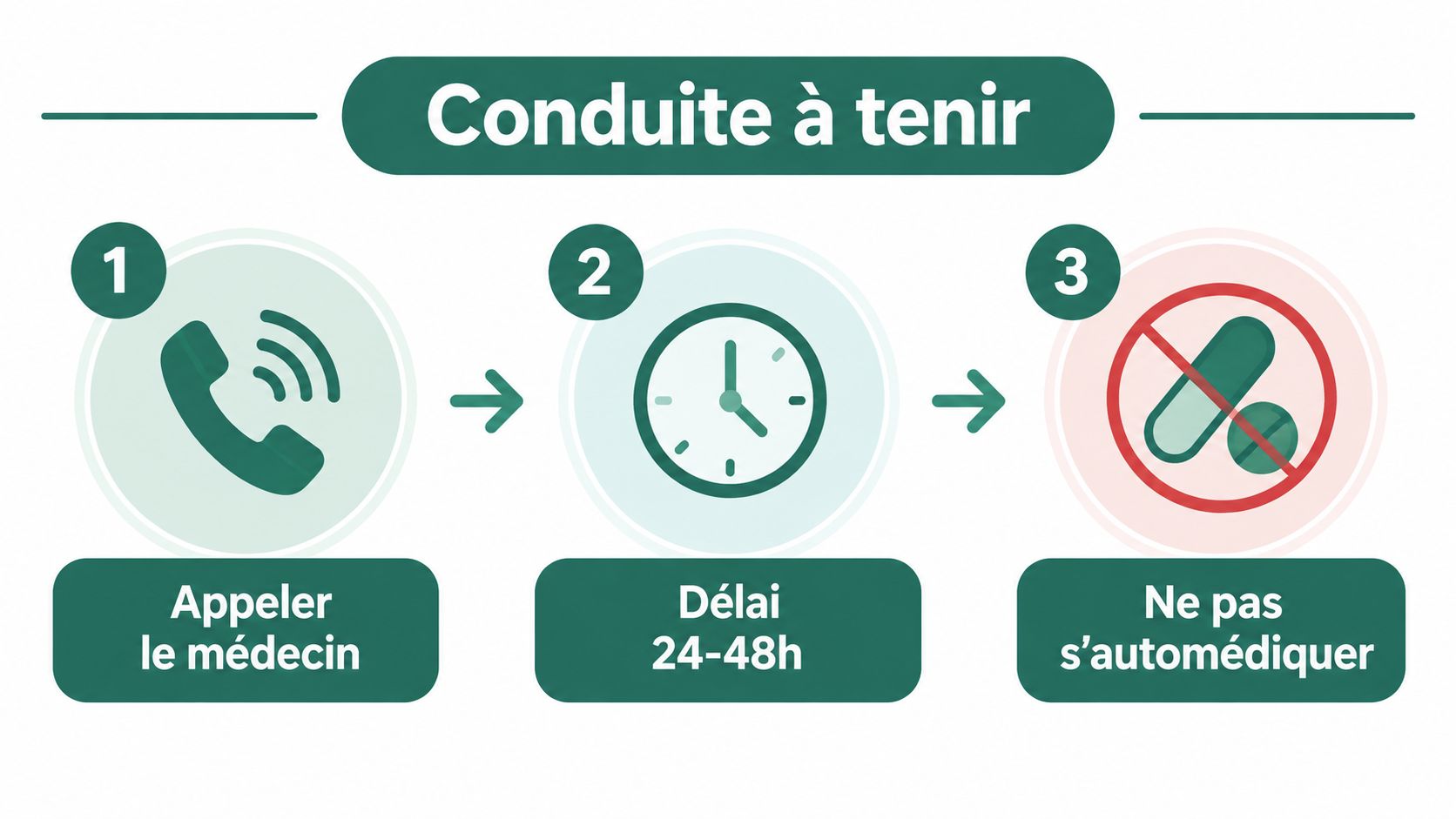 Illustration montrant trois étapes à suivre : appeler le médecin, patienter 24 à 48 heures, et éviter l'automédication.