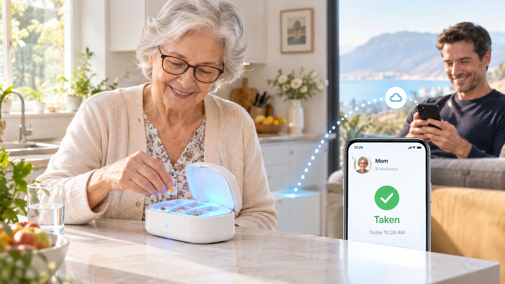 Une femme âgée utilise un pilulier électronique intelligent tandis que son fils reçoit une notification sur smartphone.