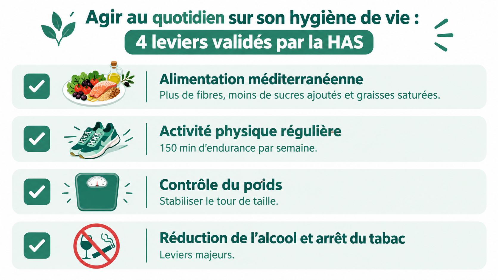 Infographie illustrant quatre conseils santé validés par la HAS pour une meilleure hygiène de vie quotidienne.