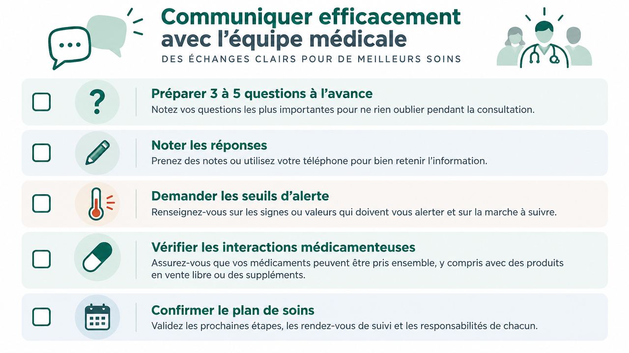 Une infographie avec cinq conseils pratiques pour mieux communiquer avec votre équipe médicale lors des consultations.