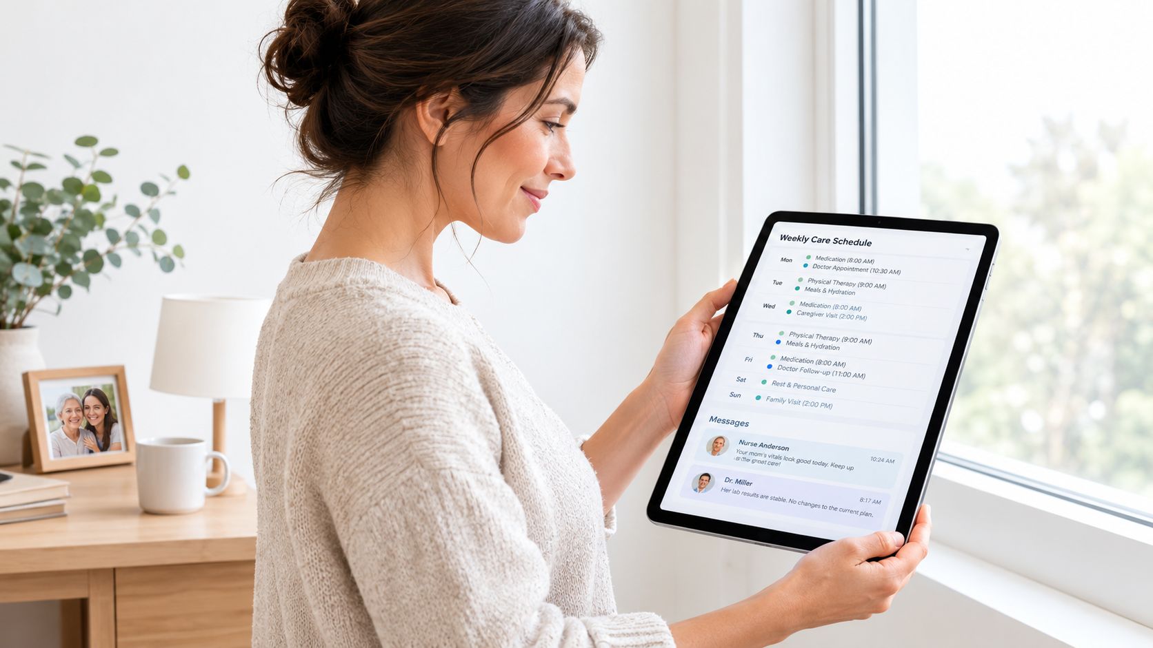 Une femme souriante consulte une application de planification de soins de santé sur sa tablette numérique