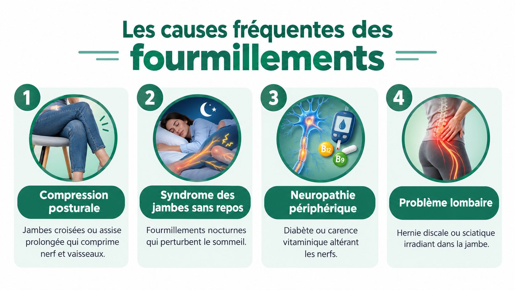 Infographie illustrant quatre causes fréquentes de fourmillements dans les jambes : posture, syndrome des jambes sans repos, neuropathie et lombaires.