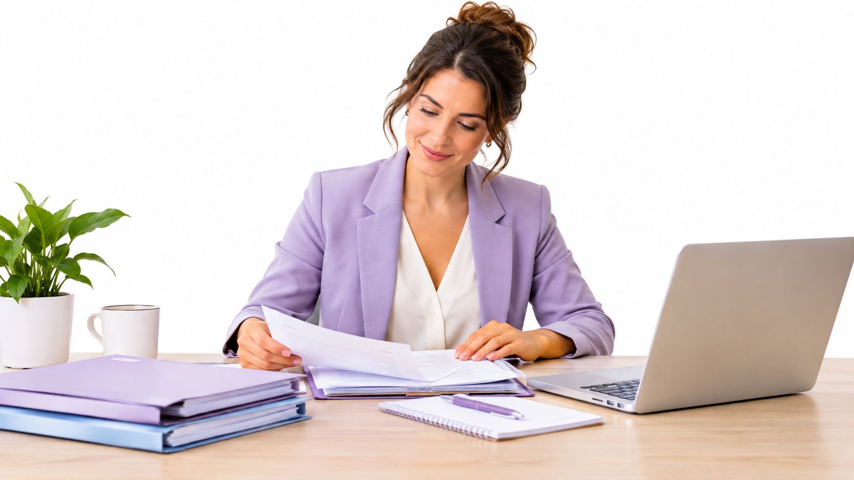 Une femme d'affaires souriante travaille sur des documents administratifs à son bureau avec un ordinateur portable.