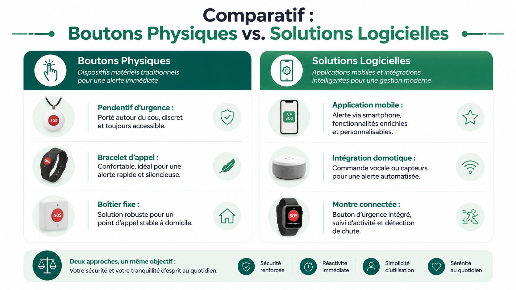 Tableau comparatif illustré entre les boutons d'appel d'urgence physiques et les solutions logicielles connectées pour la sécurité.