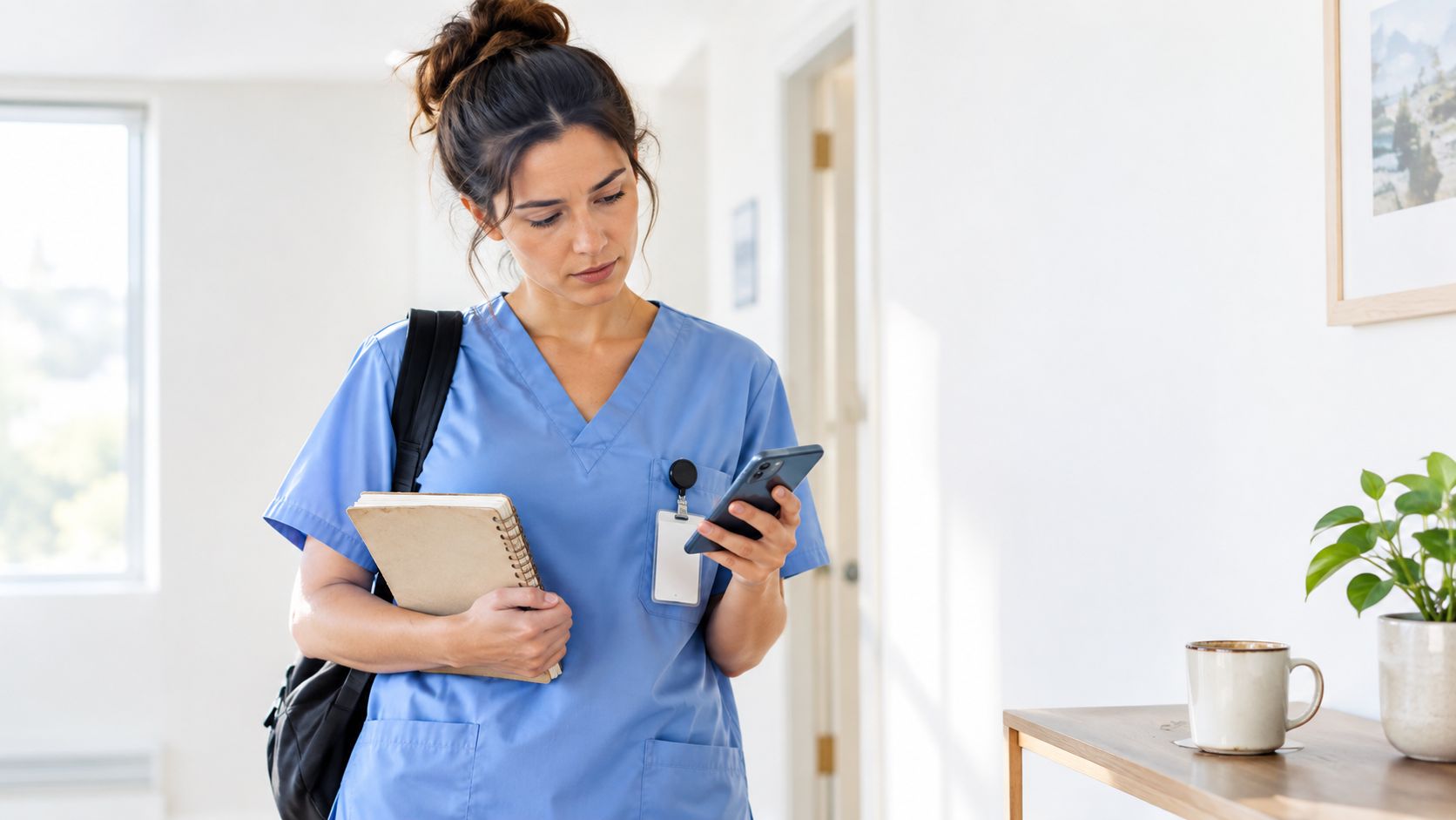 Une infirmière en tenue bleue vérifie son téléphone portable en portant un carnet dans un couloir lumineux.