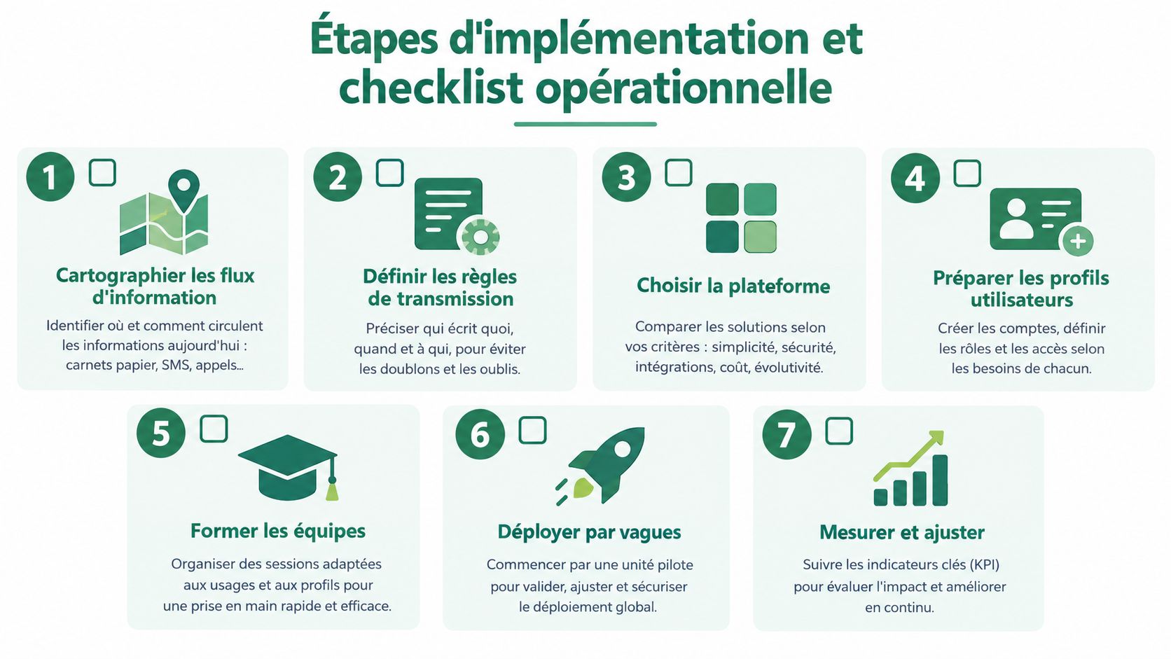 Infographie présentant sept étapes clés pour la mise en place opérationnelle d'une solution numérique dans une organisation.
