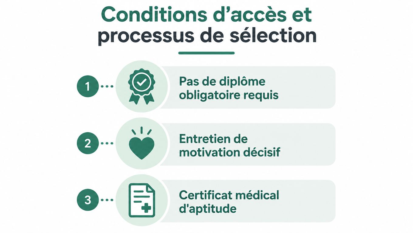 Une liste numérotée présentant les trois conditions d'accès et le processus de sélection pour une formation professionnelle.
