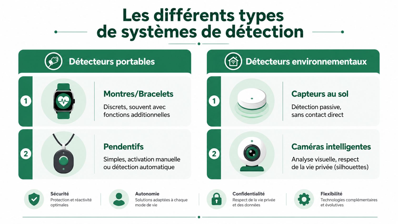 Infographie présentant les différents types de systèmes de détection, incluant des dispositifs portables et des capteurs environnementaux.