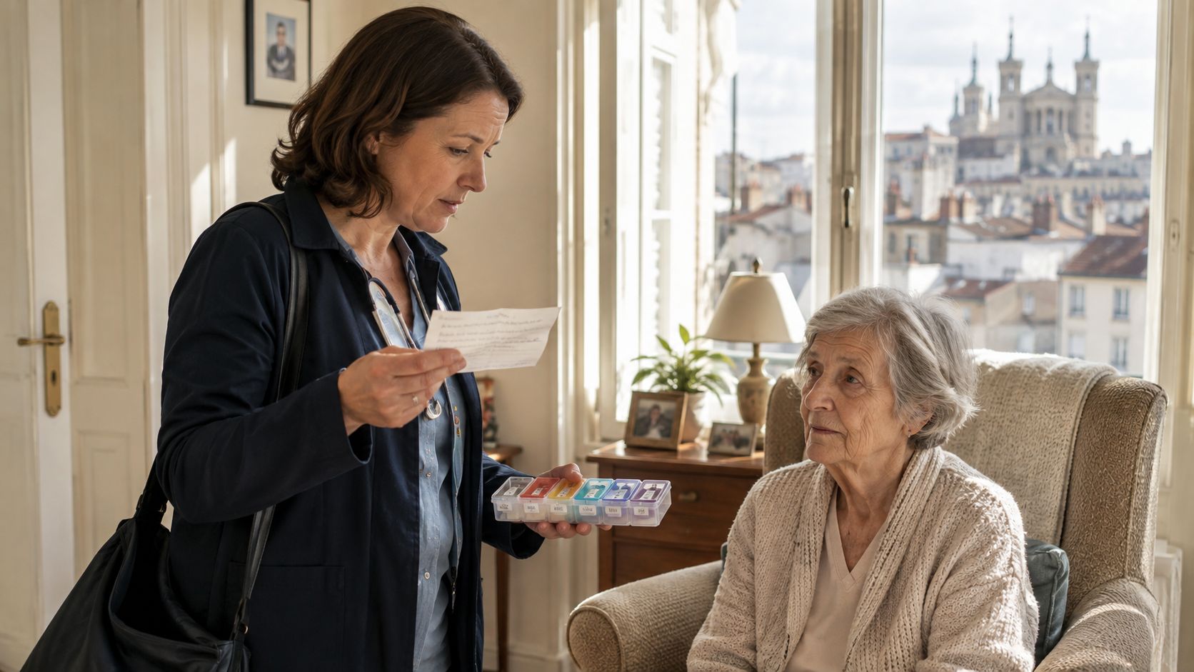 Une infirmière discute avec une personne âgée tout en tenant un pilulier et une ordonnance médicale.