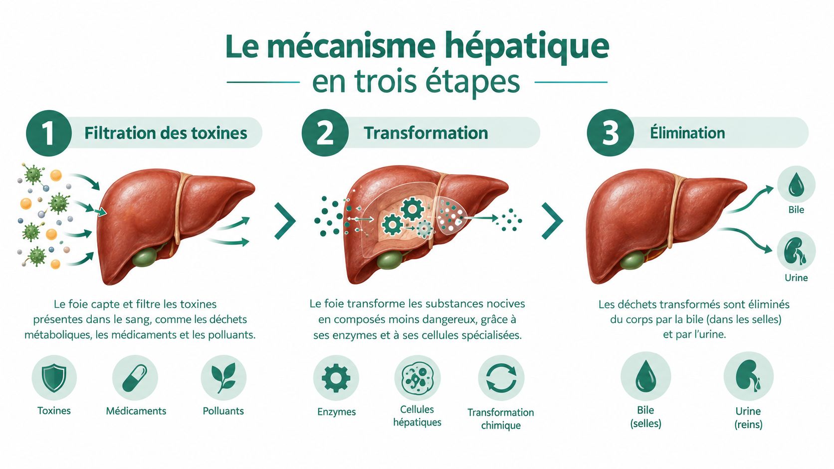 Schéma explicatif montrant le mécanisme de filtration, transformation et élimination des toxines par le foie humain.