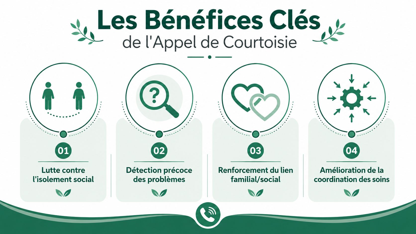 Une infographie illustrant les quatre avantages principaux de l'appel de courtoisie pour le bien-être social et médical.