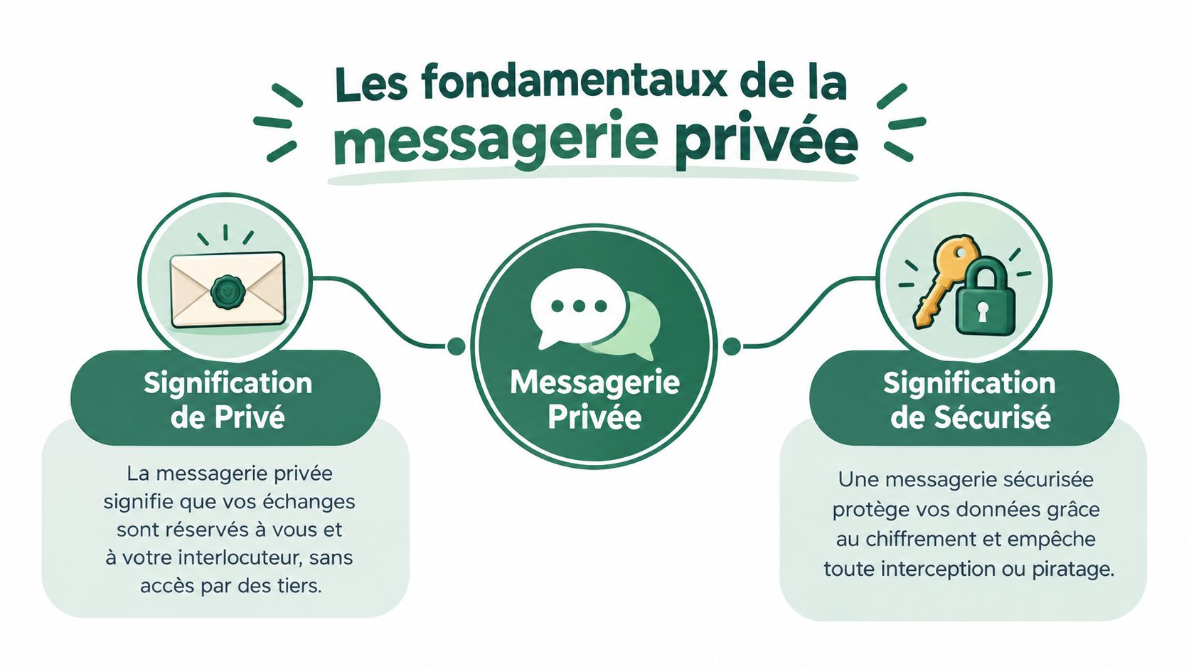 Infographie illustrant les concepts de confidentialité et de sécurité dans les services de messagerie privée en ligne.