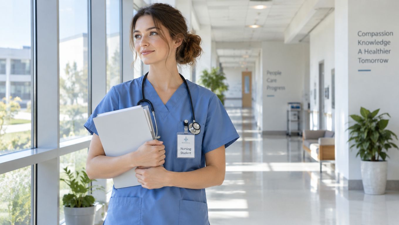 Une jeune étudiante en soins infirmiers souriante portant un uniforme bleu dans un couloir d'hôpital lumineux.