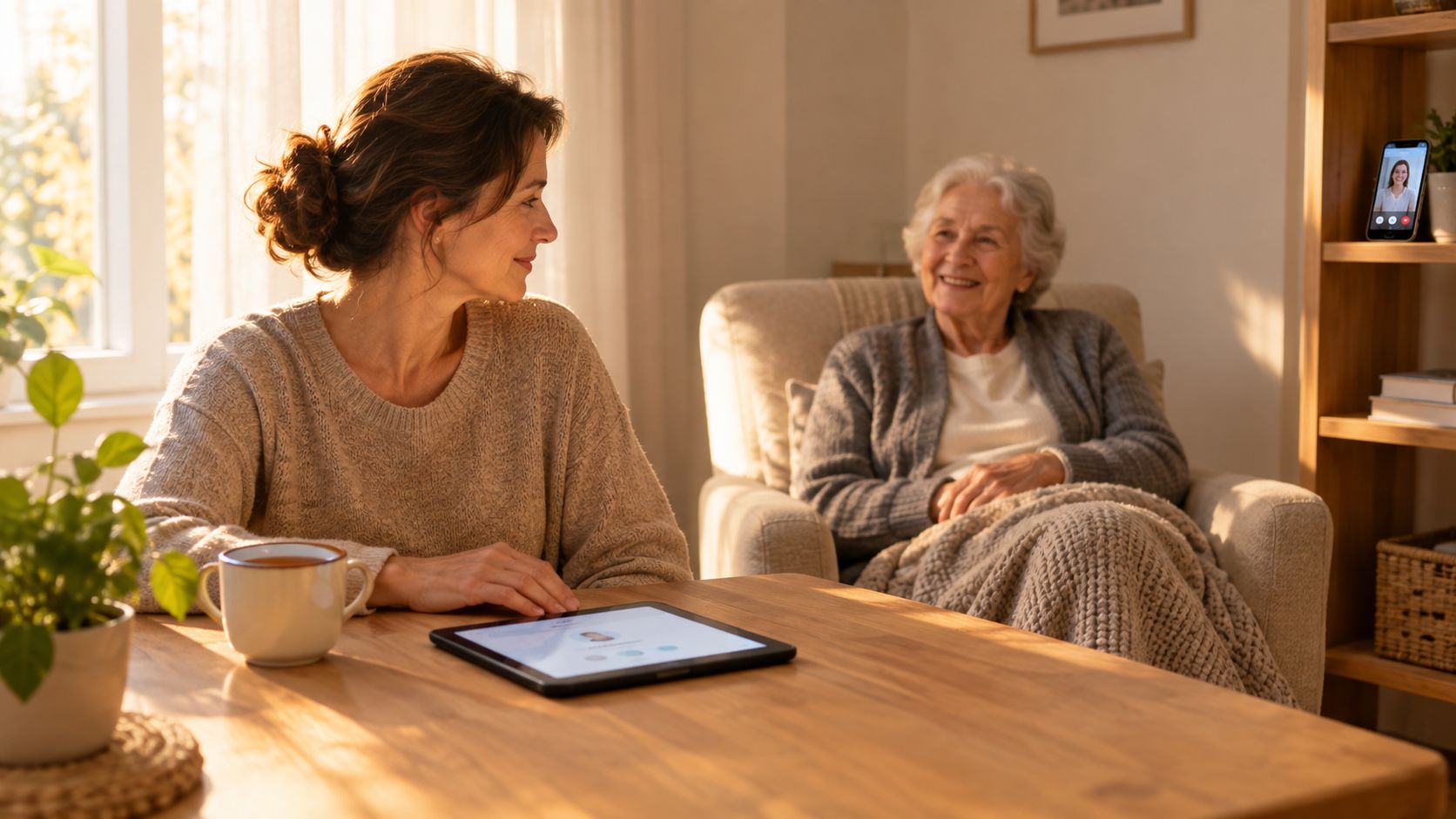 Une femme et une personne âgée assises ensemble utilisent une tablette pour une consultation de maintien à domicile.