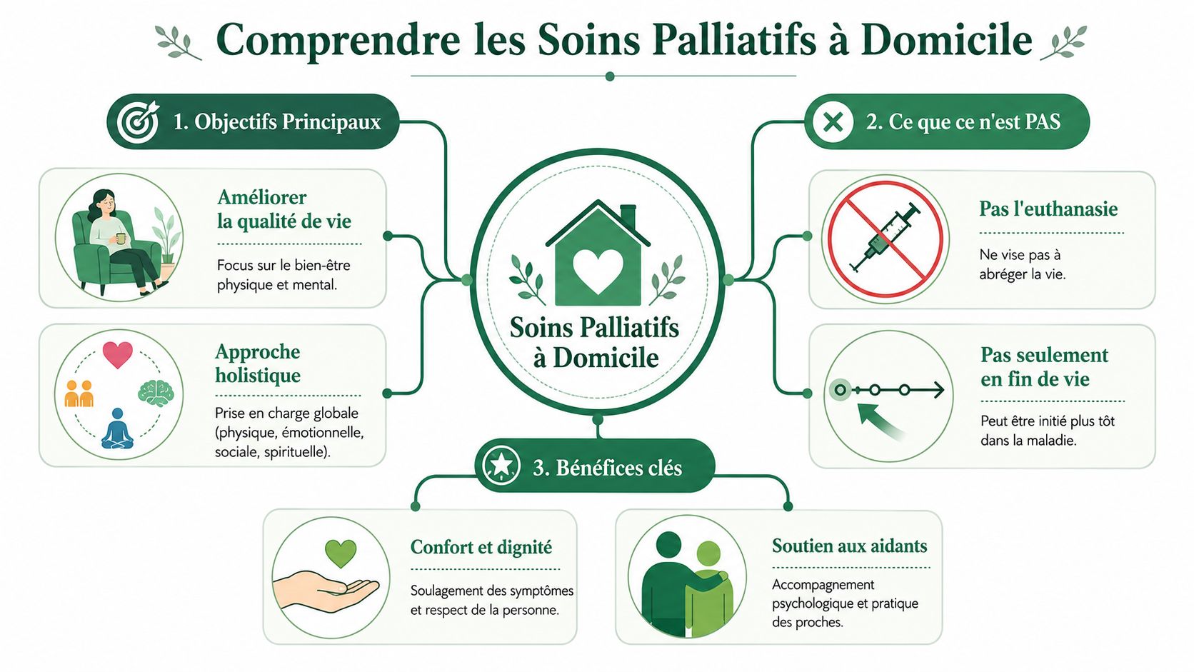 Infographie pédagogique expliquant les objectifs, les définitions et les bénéfices des soins palliatifs à domicile.