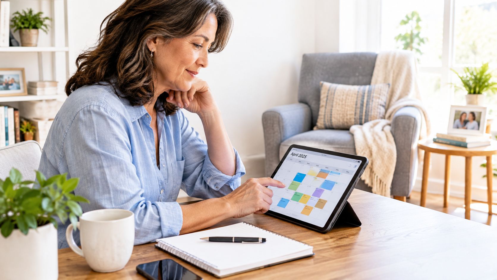 Une femme mature consulte son calendrier numérique sur une tablette pour organiser ses journées de proche aidant.