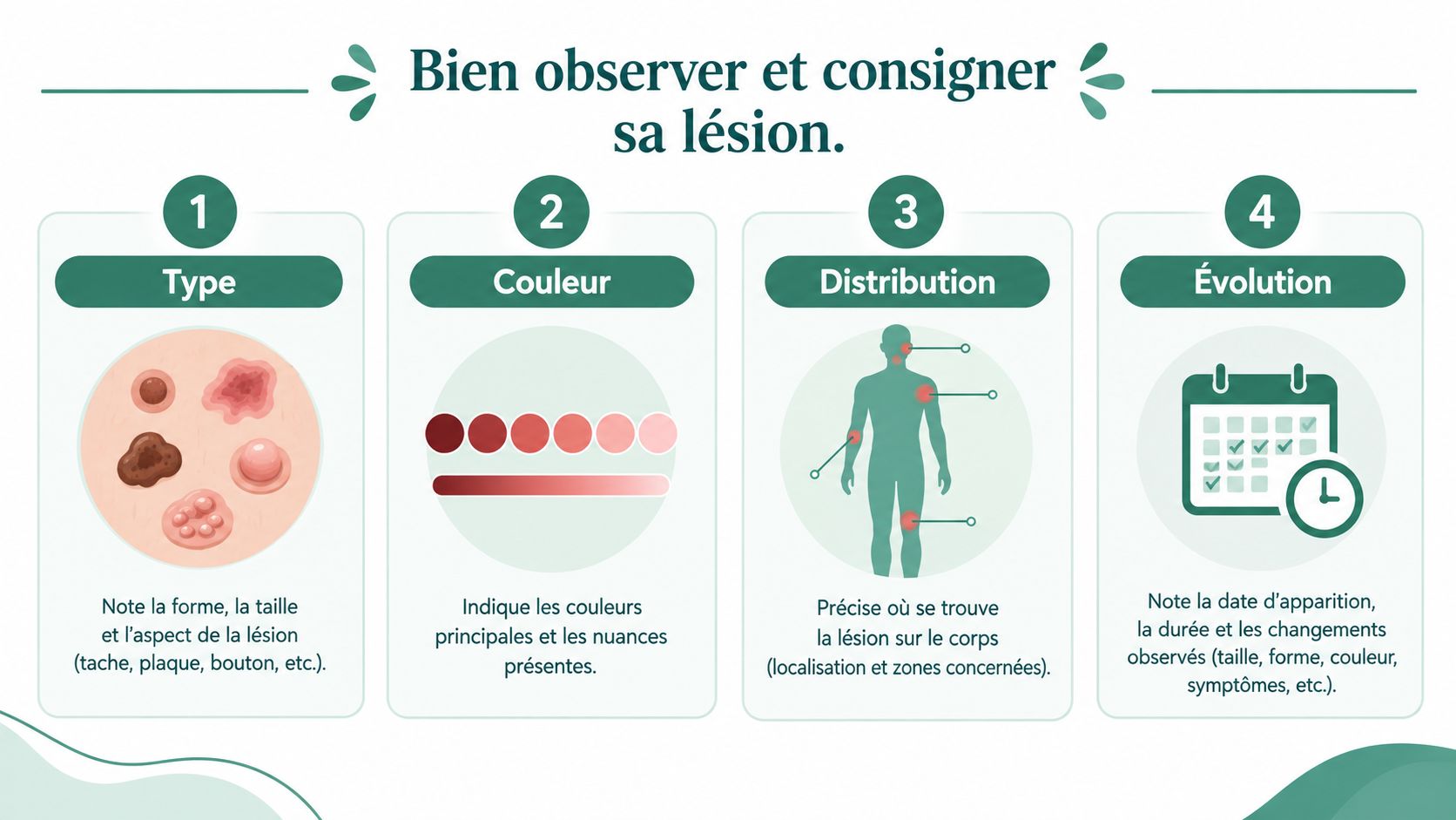 Infographie pédagogique illustrant les quatre étapes essentielles pour observer et consigner les caractéristiques d'une lésion cutanée.