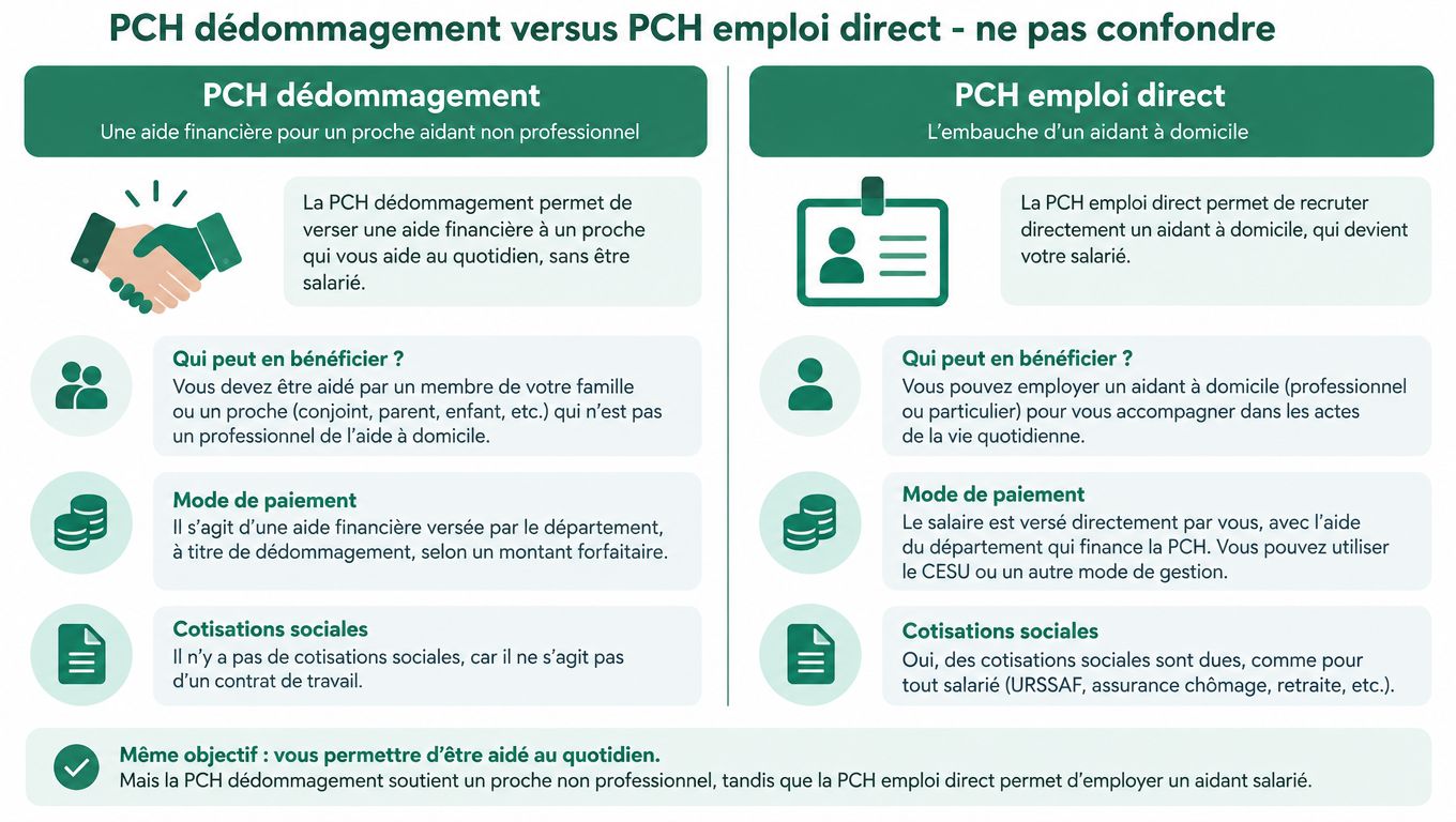 Tableau comparatif expliquant les différences entre la PCH dédommagement et la PCH emploi direct pour les aidants.