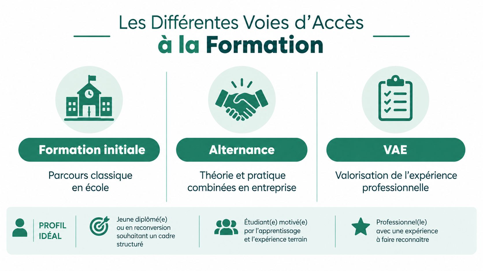 Infographie présentant les trois voies d'accès à la formation : formation initiale, alternance et VAE.