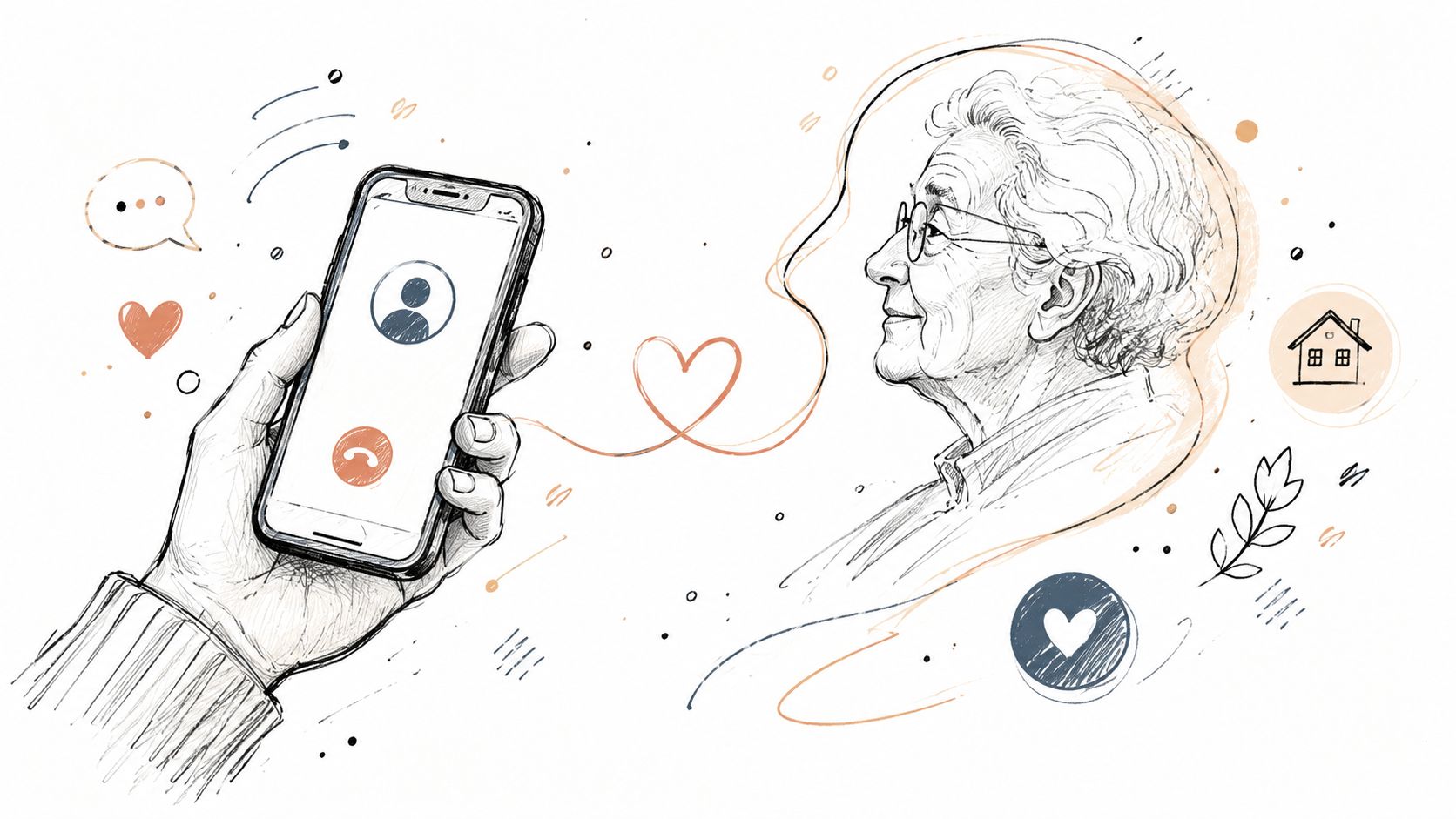 Une illustration montrant une main tenant un smartphone lors d'un appel vidéo avec une personne âgée souriante.