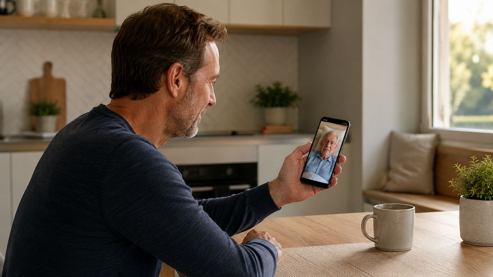 Un homme d'âge moyen utilise son smartphone pour une conversation vidéo avec un senior au lit.