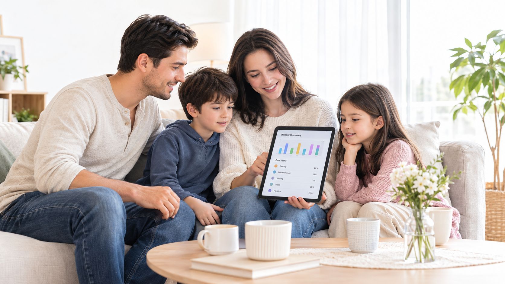 A happy family sitting on a sofa looking at a tablet displaying a weekly childcare summary app.
